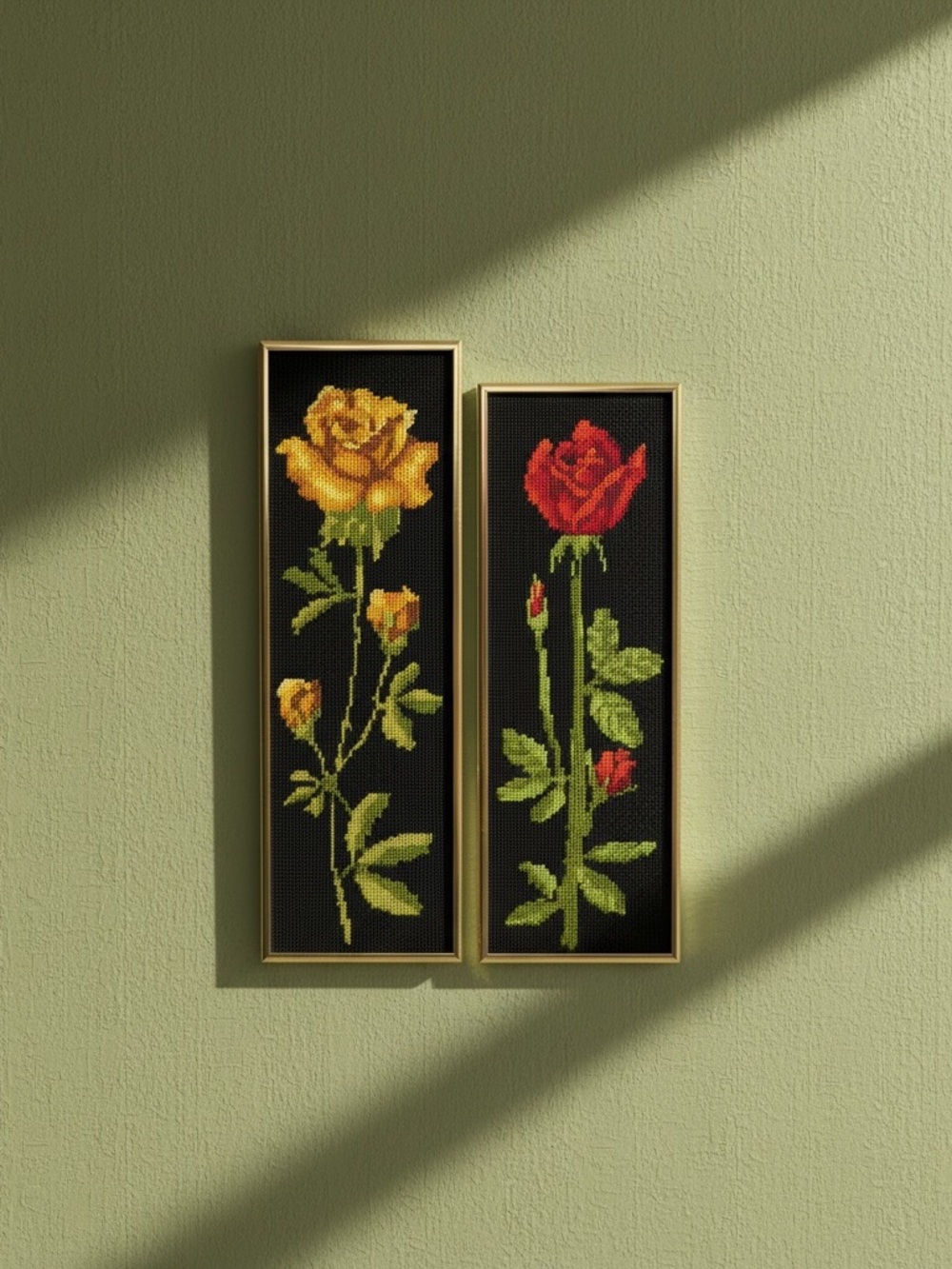 Framed Red and Yellow Rose Cross-Stitch Wall Art Pair